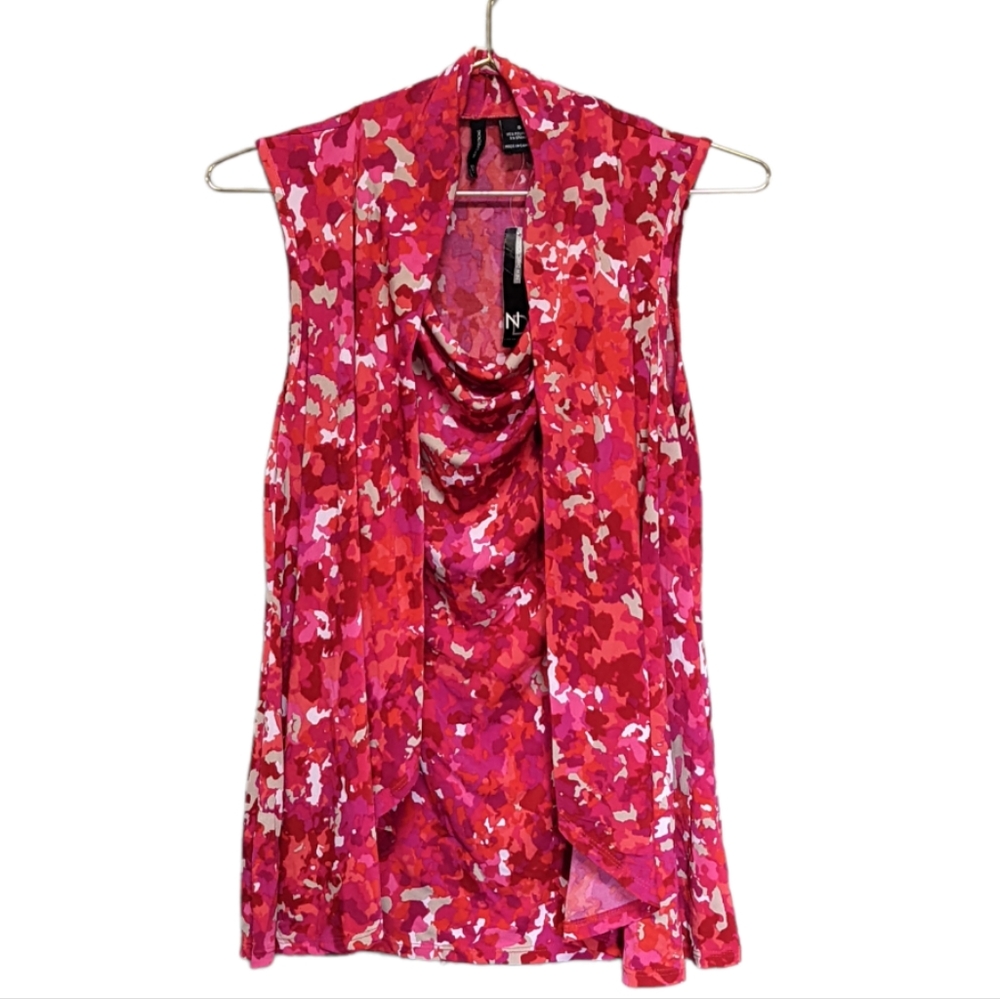 NWT New Directions Top Sleeveless Abstract Floral Scoop Neckline Open Front S